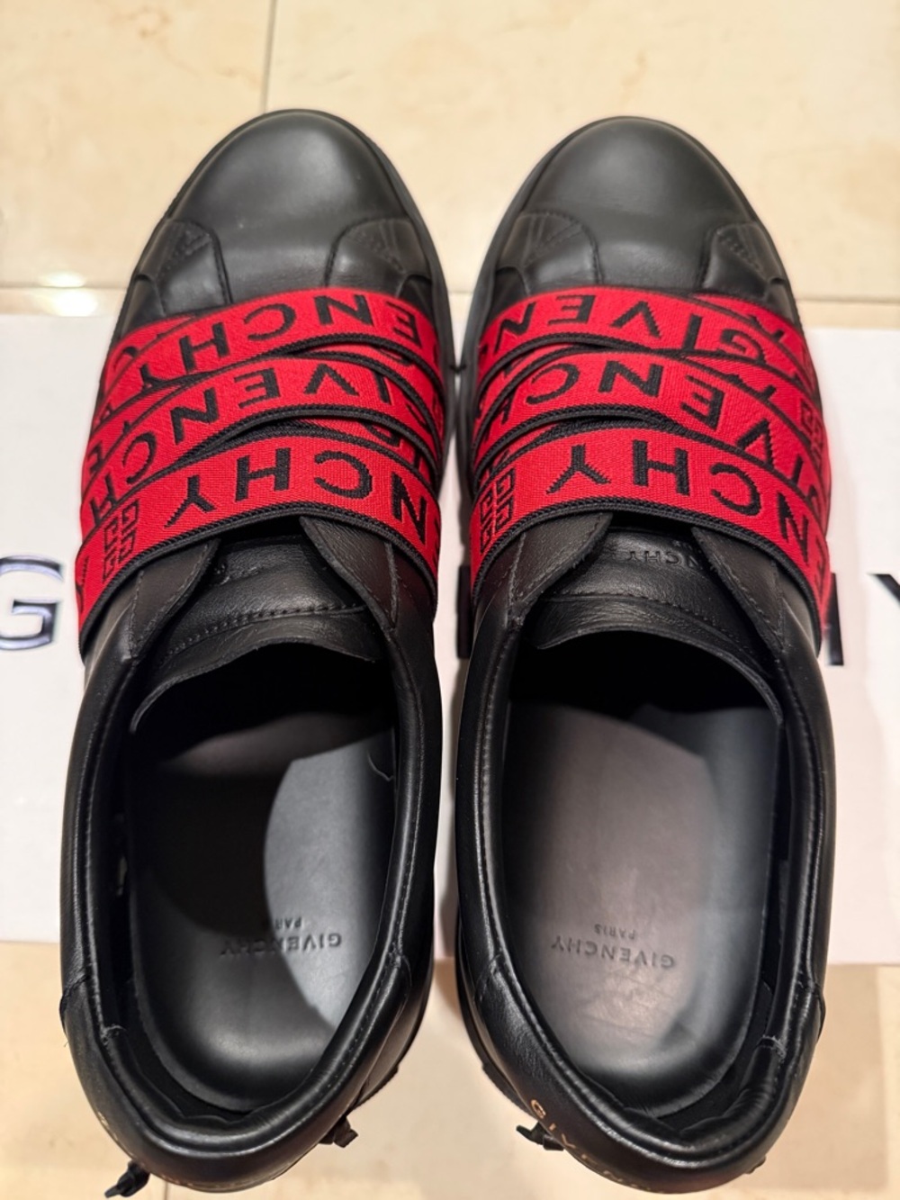 Givenchy Black Leather Slip-On Sneakers with Red Logo Straps. Size 8